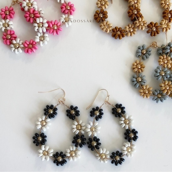 Wooden Floral Beaded Teardrop Earrings - Picture 2 of 5